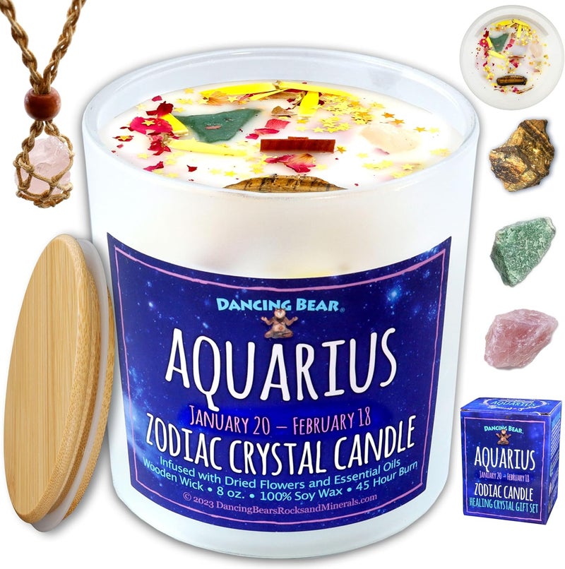 Dancing Bear Aquarius Zodiac Candle Gift Box Set with 3 Healing Crystals & Stone Holder Necklace, 100% Soy Scented Wax, Crackling Wood Wick, 45 Hour Burn Time - Image 1